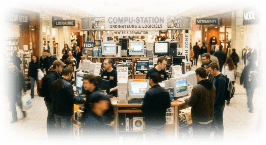 Le kiosque Compu-Station dans un centre commercial québécois, années 2000